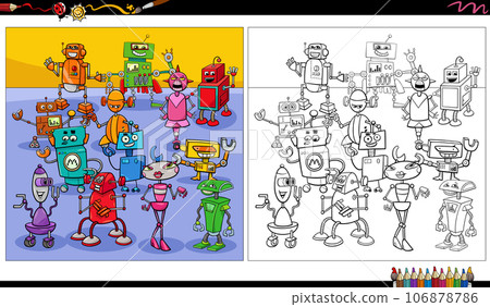comic robots or droids characters group coloring page 106878786