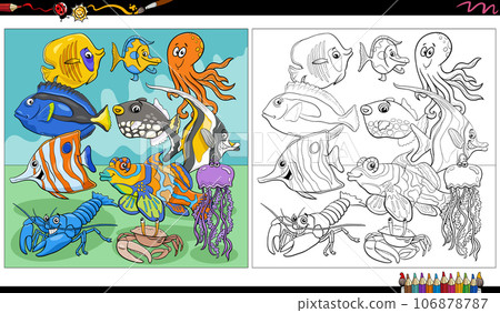 cartoon fish and marine animal characters group coloring page 106878787