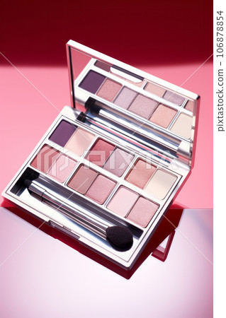 A close-up of pearlescent shimmery palette of pink eyeshadows for creating eye makeup A close-up of pearlescent shimmery palette of pink eyeshadows for creating eye makeup 106878854