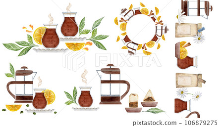 Watercolor hand drawn illustration. Teaware, tea lemon cinnamon dishes package. Set of compositions. Isolated on white background. For invitations, cafe, restaurant food menu, print, website, cards 106879275