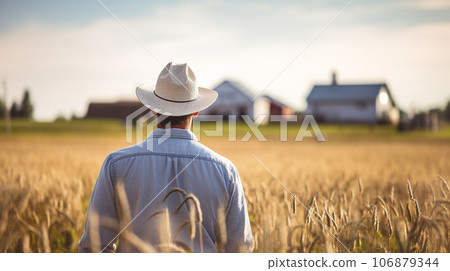 Adult american farmer man standing with back on wheat grass field wearing a hat Adult american farmer man standing with back on wheat grass field wearing a hat 106879344