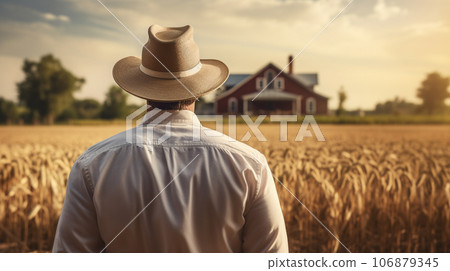 Adult american farmer man standing with back on wheat grass field wearing a hat 106879345