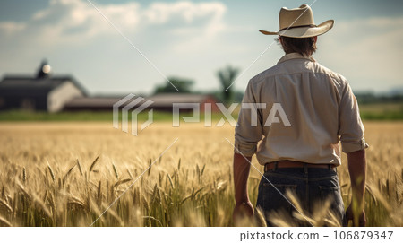 Adult american farmer man standing with back on wheat grass field wearing a hat 106879347