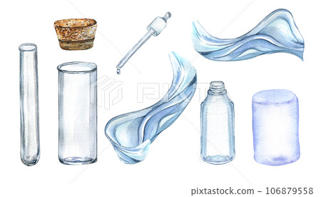 Set of glass flask with cork watercolor illustration isolated on white. Transparent bottle, lab beaker, tube for essential oils, water shape hand drawn. Design element for label, package, wrapping Set of glass flask with cork watercolor illustration isolated on white. Transparent bottle, lab beaker, tube for essential oils, water shape hand drawn. Design element for label, package, wrapping 106879558
