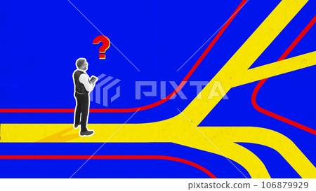 Poster. Contemporary art collage. Scared monochrome gamma businessman, employee standing at crossroads with question mark over bright background. 106879929