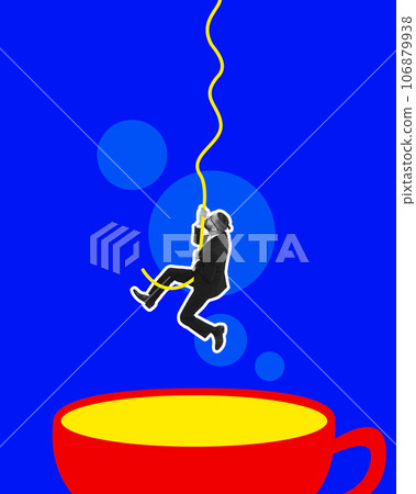 Poster. Contemporary art collage. Confident black white gamma businessman climbing hand over hand up rope under cup isolated on bright blue background 106879938