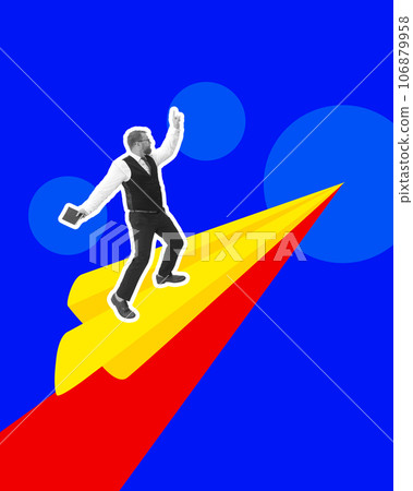 Poster. Contemporary art collage. Confident black white gamma businessman flying on yellow paper airpalane to new goals isolated on bright blue background Poster. Contemporary art collage. Confident black white gamma businessman flying on yellow paper airpalane to new goals isolated on bright blue background 106879958
