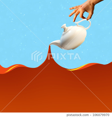Poster. Contemporary art collage. Modern creative artwork. Christmas tea party. One human hand holding and pouring traditional tea out of kettle, teapot. Ad Poster. Contemporary art collage. Modern creative artwork. Christmas tea party. One human hand holding and pouring traditional tea out of kettle, teapot. Ad 106879970