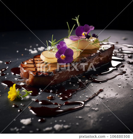Foie gras, a pate decorated with edible flowers and micro greenery. Foie gras, a pate decorated with edible flowers and micro greenery. 106880308