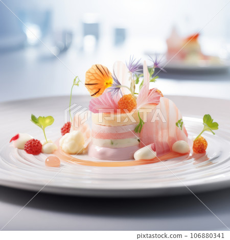 Fine dessert decorated with eatable flowers and served on a plate Fine dessert decorated with eatable flowers and served on a plate 106880341