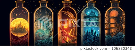 Set of bottles with magic potion in a bottle 106880348