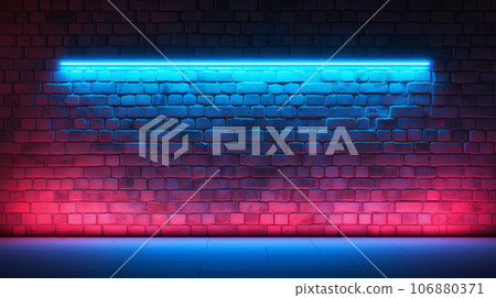 Neon light on brick walls. Lighting effect blue and red neon background Neon light on brick walls. Lighting effect blue and red neon background 106880371