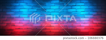 Neon light on brick walls. Lighting effect blue and red neon background Neon light on brick walls. Lighting effect blue and red neon background 106880376