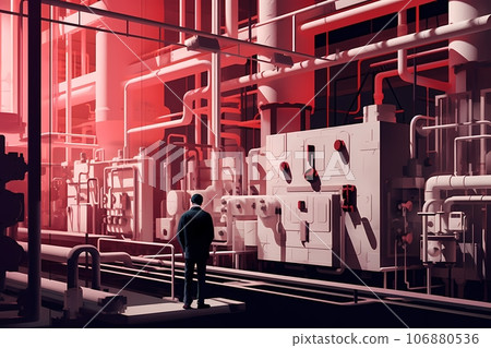Conceptual image of businessman in suit looking at abstract factory interior. Thermal power plant Conceptual image of businessman in suit looking at abstract factory interior. Thermal power plant 106880536