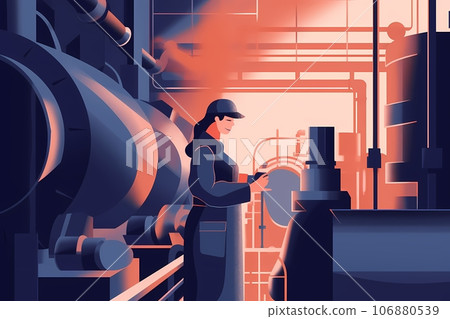 Industrial worker in uniform works in boiler room. Thermal power plant bauhaus style Industrial worker in uniform works in boiler room. Thermal power plant bauhaus style 106880539
