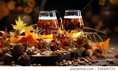 Two glasses of beer with autumn leaves and nuts, AI Two glasses of beer with autumn leaves and nuts, AI 106880724