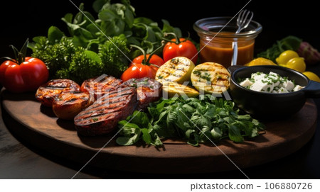 Grilled vegetables and meat on a wooden board, AI Grilled vegetables and meat on a wooden board, AI 106880726