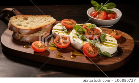 A plate with bread, tomatoes and mozzarella, AI A plate with bread, tomatoes and mozzarella, AI 106880727