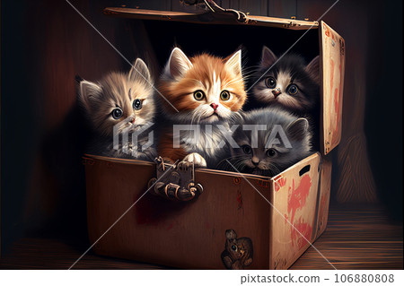 Several cute kittens are sitting in a box. AI generated. 106880808