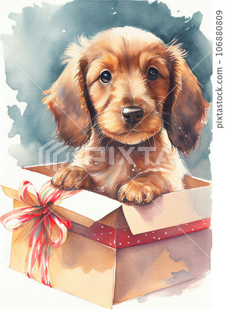 Cute puppy in a gift box. Greeting card drawn in watercolor. AI generated. 106880809