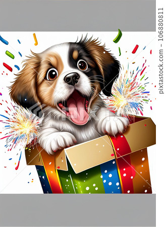 Cute puppy in a gift box. Greeting card. AI generated. 106880811