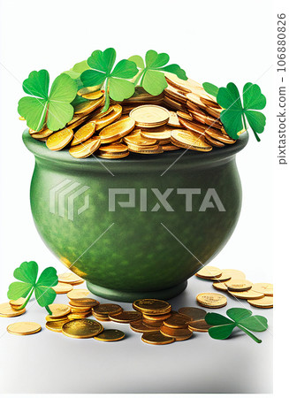 Pot with gold coins and clover - symbols of St. Patrick's Day. AI generated 106880826