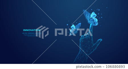 Abstract close-up finger press on the digital blue butterfly. 106880893