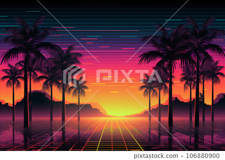 Neon light abstract background. Neon glowing lights stage with 80s retro art. Laser lines and LED technology create glow in dark room. Synthwave style wallpaper background. Cyber club. Generative AI. 106880900