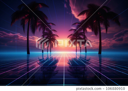 Neon light abstract background. Neon glowing lights stage with 80s retro art. Laser lines and LED technology create glow in dark room. Synthwave style wallpaper background. Cyber club. Generative AI. 106880910