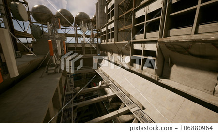A futuristic building with a sleek concrete roof design A futuristic building with a sleek concrete roof design 106880964