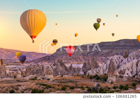 Hot air balloons in sunset sky Hot air balloons in sunset sky 106881265