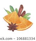 Orange, cinnamon, pistachio sprig and star anise. Watercolor illustration on a white background. Hand drawn. For postcards 106881334