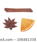 Orange, cinnamon and star anise. Watercolor illustration on a white background. Hand drawn. For postcards 106881338
