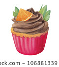 Vanilla cupcake with orange, pistachio sprig and chocolate cream. Muffin in a red package. Watercolor illustration on a white background. Hand drawn. For postcards 106881339