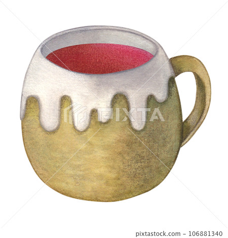 Clay mug with mulled wine in white glaze. Watercolor illustration on a white background. Hand drawn. For postcards Clay mug with mulled wine in white glaze. Watercolor illustration on a white background. Hand drawn. For postcards 106881340
