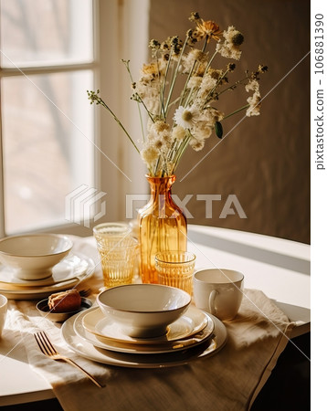 Autumn table decor, brown and beige fall home interior decoration, afternoon light 106881390