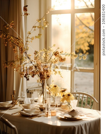 Autumn table decor, brown and beige fall home interior decoration, afternoon light 106881400