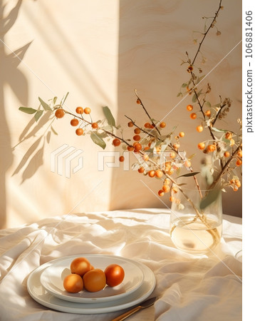 Autumn table decor, brown and beige fall home interior decoration, afternoon light 106881406
