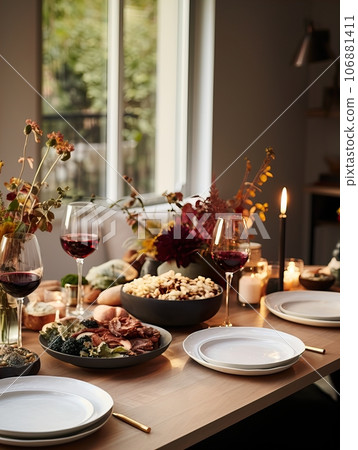 Autumn table decor, brown and beige fall home interior decoration, afternoon light 106881411
