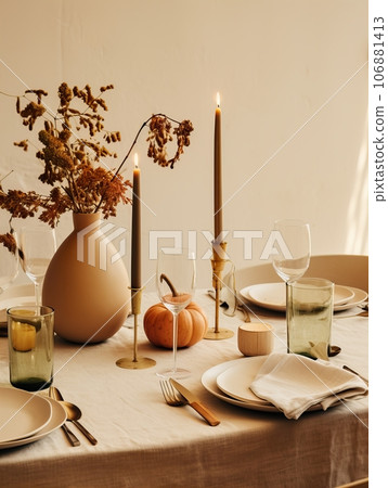 Autumn table decor, brown and beige fall home interior decoration, afternoon light 106881413