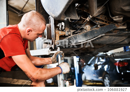 Professional worker, repairman changing car wheel, fixing problem. Hardworking, strong man working in auto, servicing center. Concept of repairing, maintaining car. 106881927