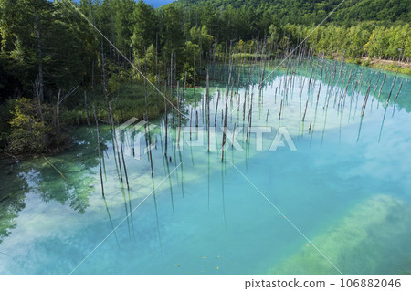 Aerial view of Shirogane Blue Pond in Biei, Hokkaido Aerial view of Shirogane Blue Pond in Biei, Hokkaido 106882046