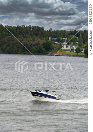 Swedish speed boat in Stockholm Archipelago on the Baltic Sea - Sweden 106882130