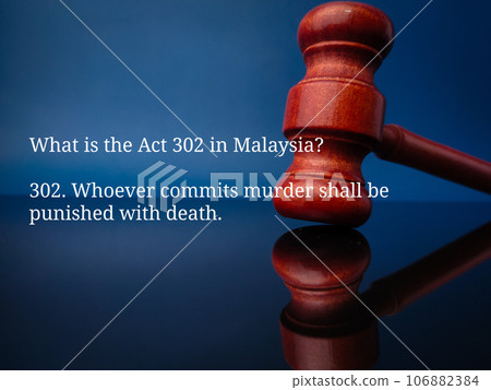 Text What is the Act 302 in Malaysia on a wooden gavel background. 302. Whoever commits murder shall be punished with death. 106882384