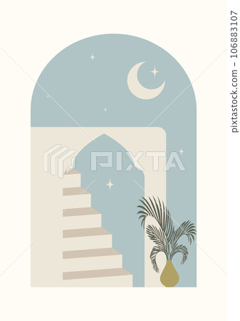 Abstract night architecture stairs illustration poster. Minimalistic arabic night art. 106883107