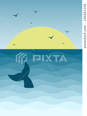 Sea in the morning and whale childish illustration poster. Cute fish tale. 106883108