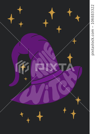 Halloween groovy retro typographic illustration with witch hat. Flat vector composition with text True witch in shape of hat and stars on dark background. Good for poster, tshirt print, decoration 106883322