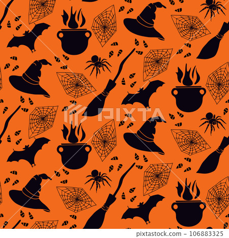 Black and orange silhouette halloween seamless pattern. Isolated hand drawn bat, cauldron, spider, spider web, witch, mop, candy corn. Holiday design for wrapping paper, textile, decoration, scrapbook 106883325