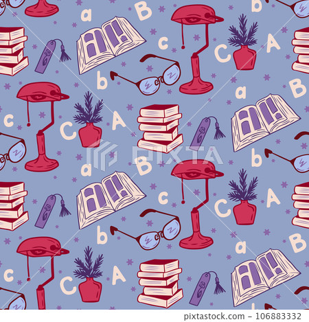 Education bold 90s retro seamless pattern with books, glasses, stack, library lamp and hand drawn letters. Cosy minimalistic design for wrapping paper, textile, decoration, scrapbooking 106883332