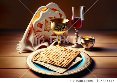Pesach Jewish traditional celebration with cup wine kosher matzah on passover holiday Pesach Jewish traditional celebration with cup wine kosher matzah on passover holiday 106883347